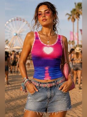 Heart Sunset Ocean Graphic Ribbed Tank Top Pink Purple Y2K Aesthetic Sz L Dreamy